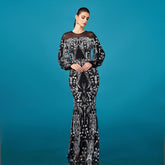 Vestido de noche de alta calidad con escote redondo, manga larga y lentejuelas, corte tubo y cola de pez para dama de honor.